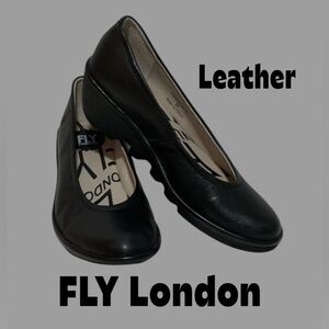 FLY LONDON Pumpfly Black Leather Wedge Heel Slip Ons Size 7.5-8 (EU 38)